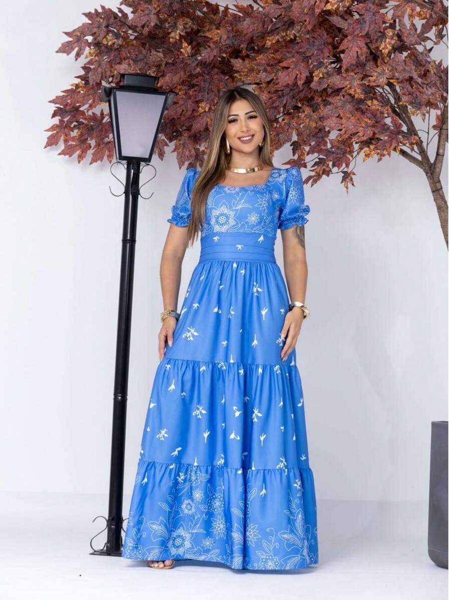 Vestido Elegante Longo Feminino Estampado com Manga Curta