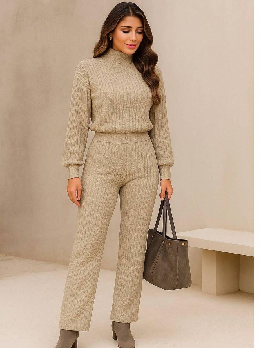 Conjunto Feminino de Inverno com Blusa de Manga Longa e Calça Cintura Alta