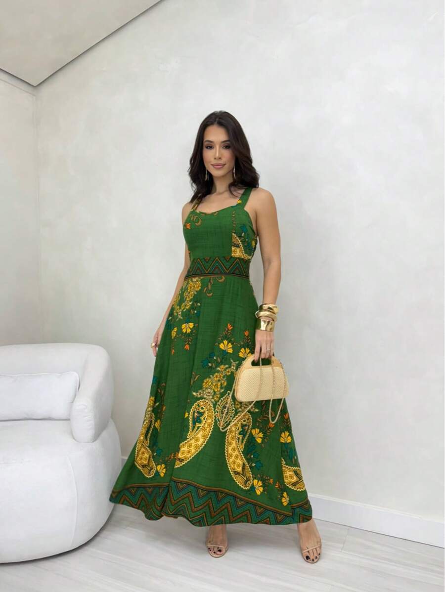 Vestido Longo Estampado com Alças Largas e Detalhes Étnicos Elegantes