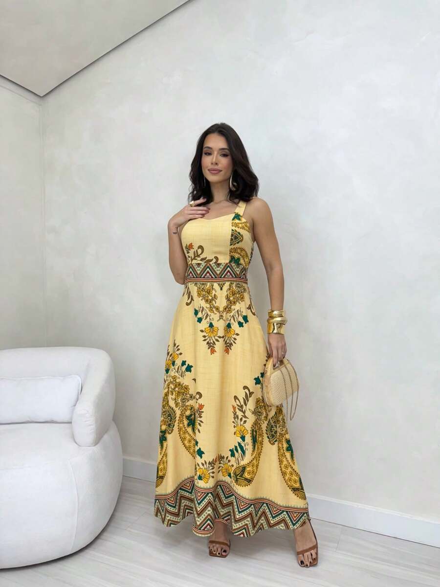 Vestido Longo Estampado com Alças Largas e Detalhes Étnicos Elegantes