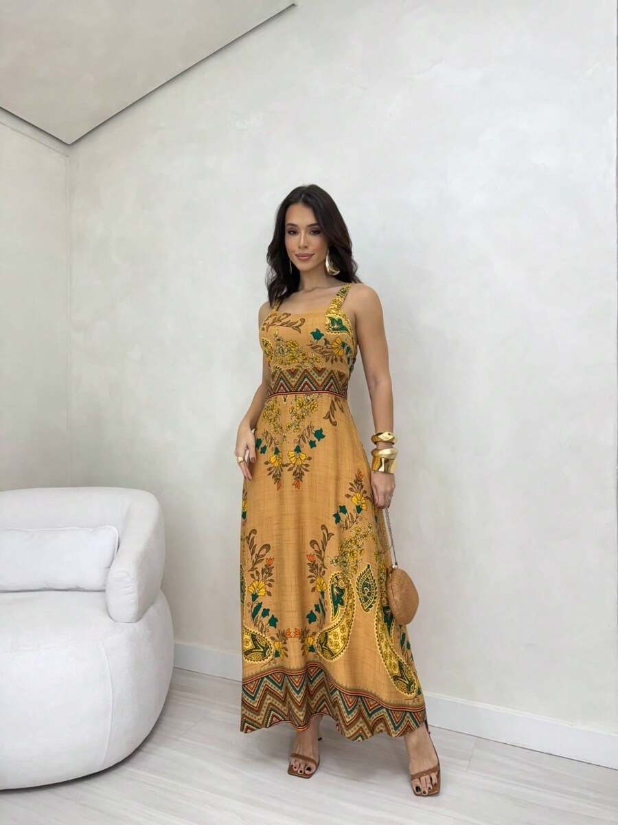 Vestido Longo Estampado com Alças Largas e Detalhes Étnicos Elegantes