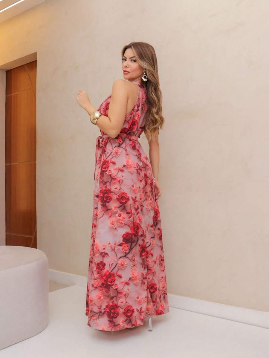 Vestido Longo Estampa 3D Multicolorido