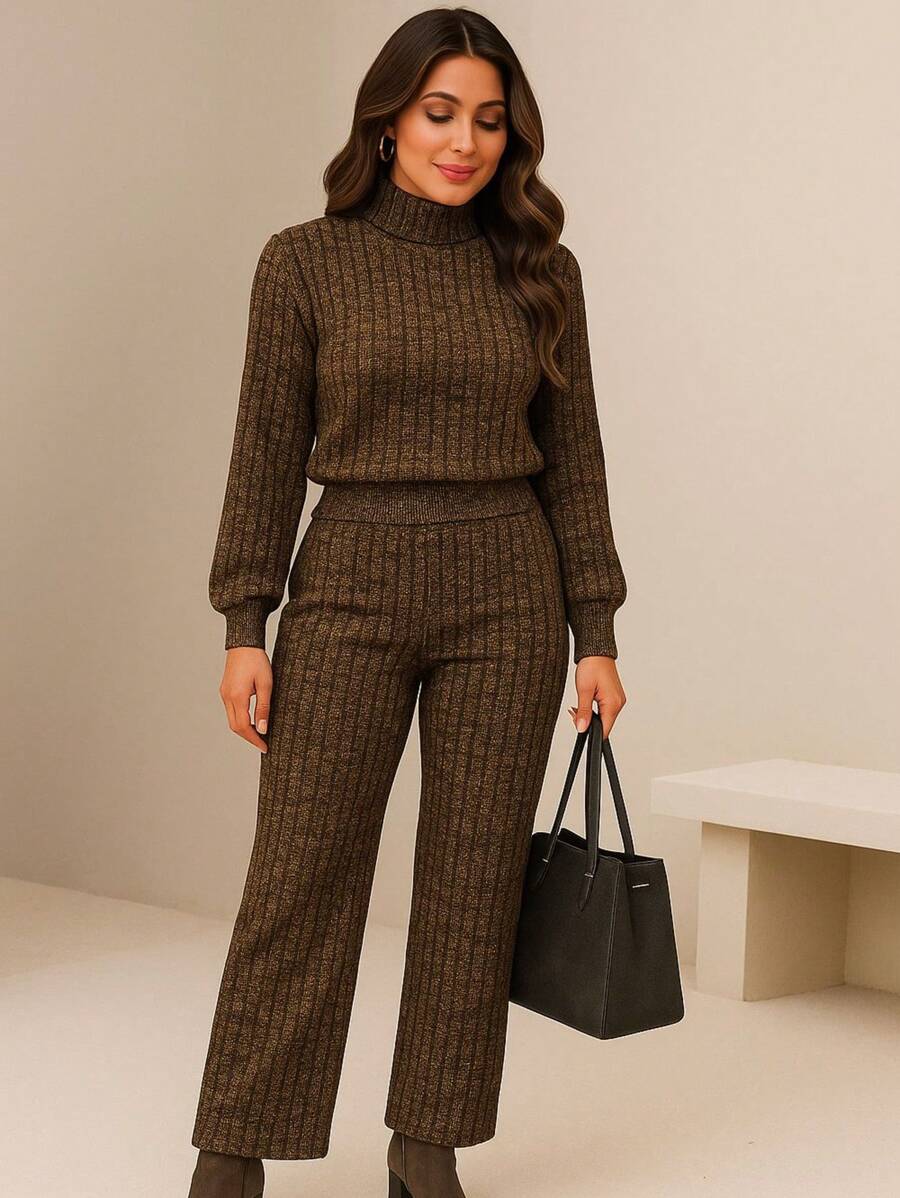 Conjunto Feminino de Inverno com Blusa de Manga Longa e Calça Cintura Alta