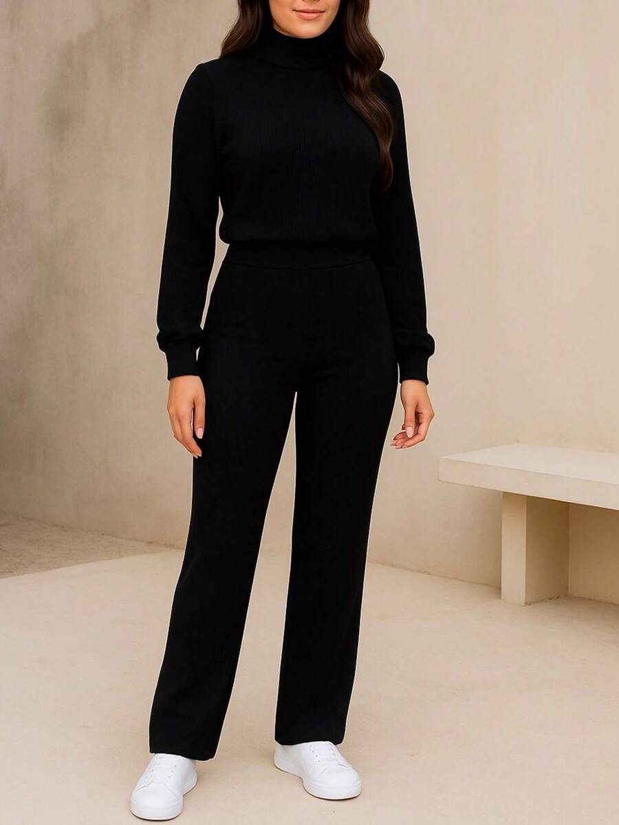 Conjunto Feminino de Inverno com Blusa de Manga Longa e Calça Cintura Alta