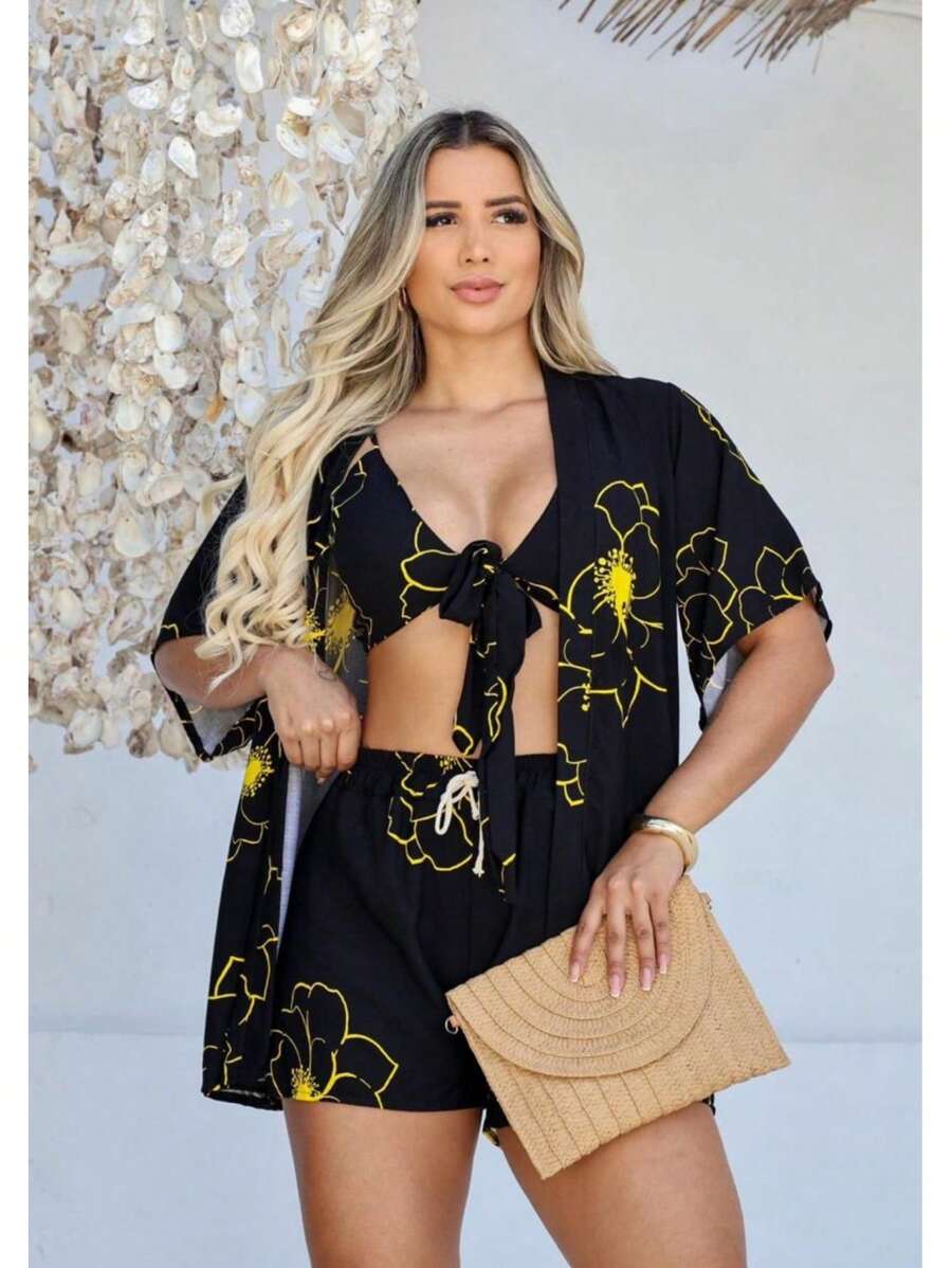 Kimono Três Peças Estampado – Cropped Solto e Confortável