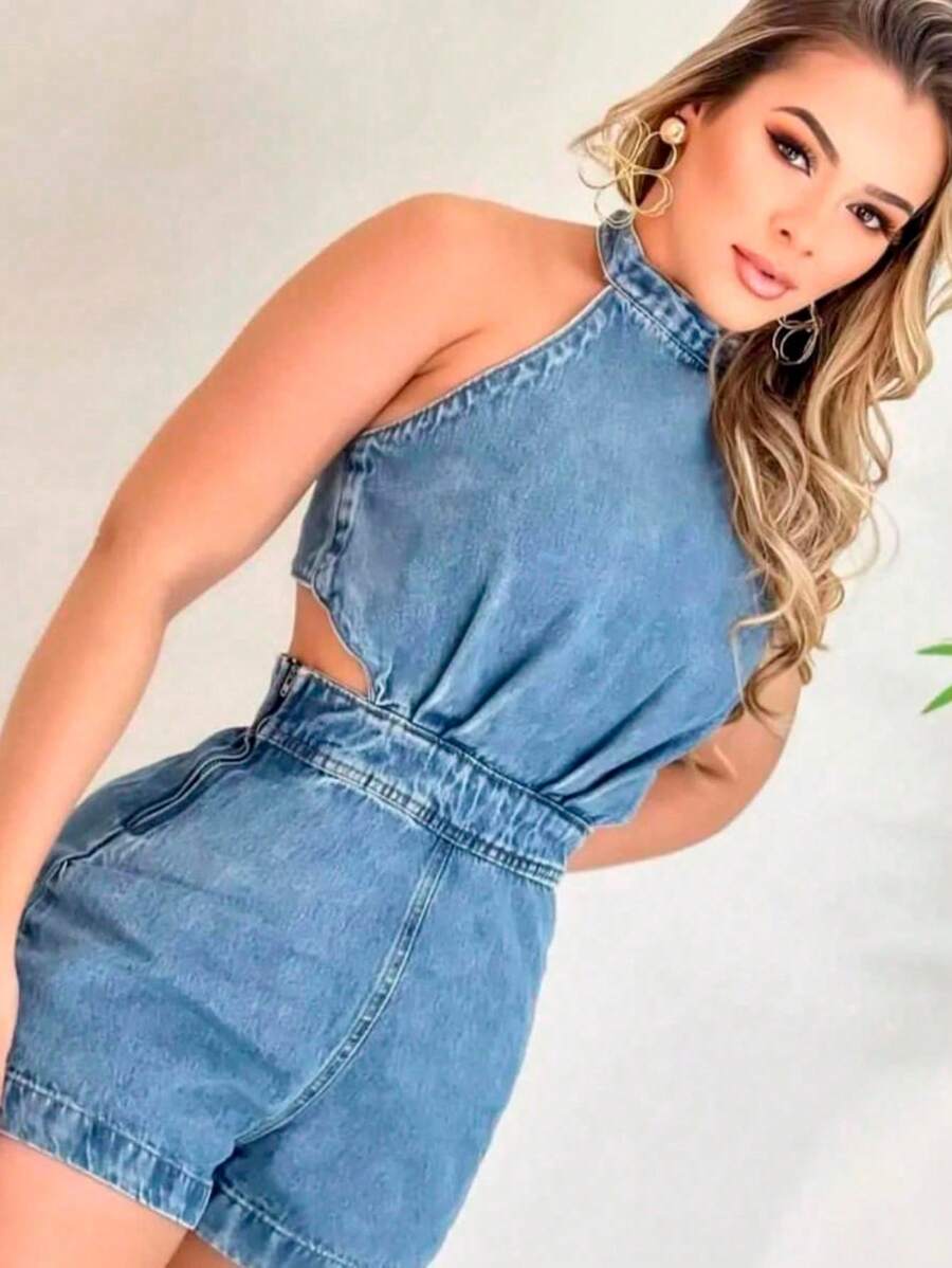 Macaquinho Jeans Frente Única Feminino