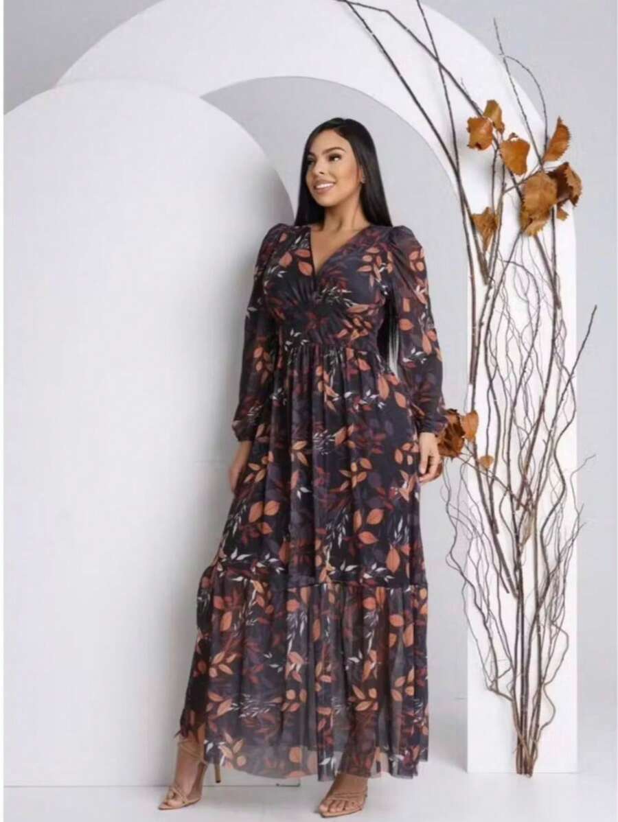 Vestido Manga Longa Decote V com Bojo e Forro nas Costas Longo