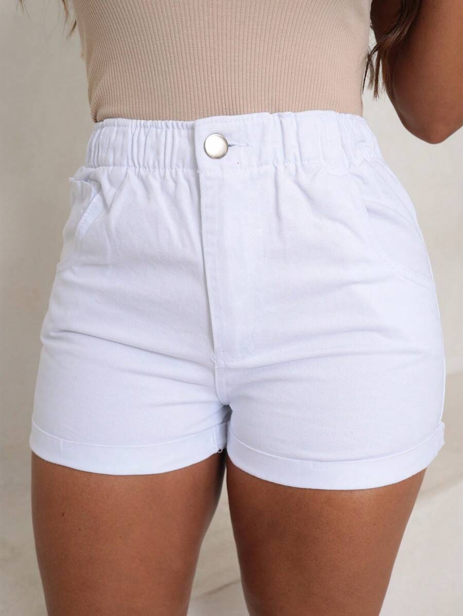 Shorts Jeans Cintura Alta com Elástico e Barra Dobrada