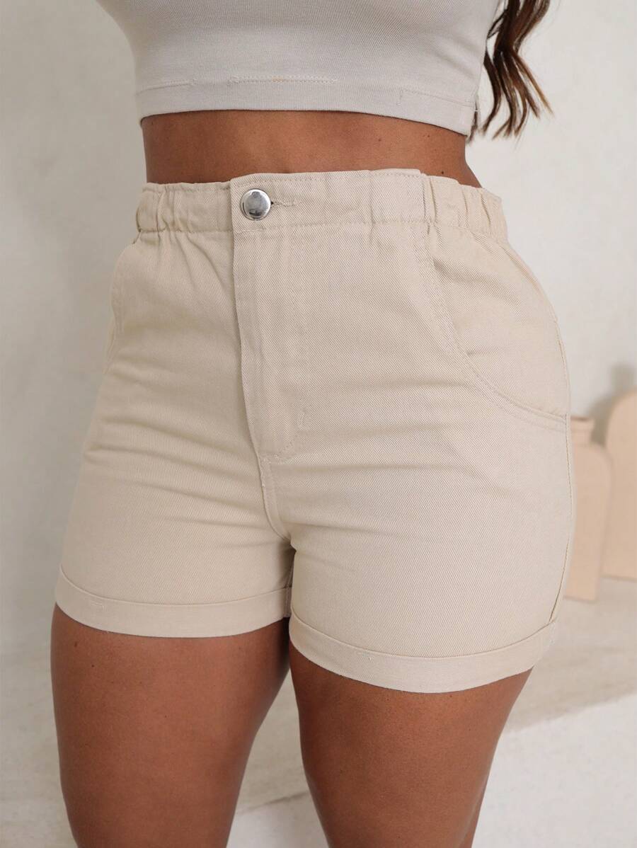 Shorts Jeans Cintura Alta com Elástico e Barra Dobrada
