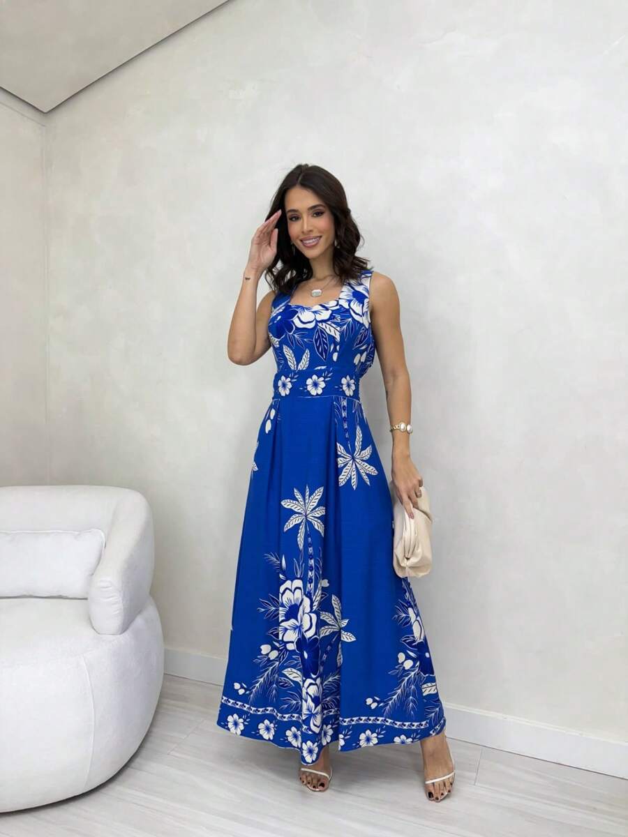 Vestido Longo Estampado com Alças Largas e Detalhes Étnicos Elegantes