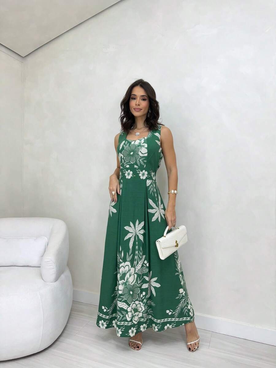 Vestido Longo Estampado com Alças Largas e Detalhes Étnicos Elegantes