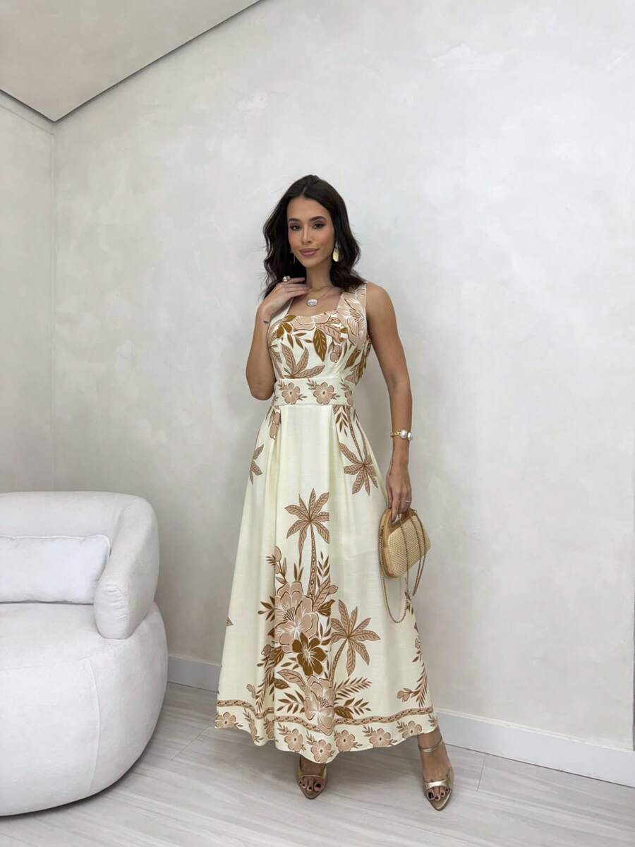 Vestido Longo Estampado com Alças Largas e Detalhes Étnicos Elegantes