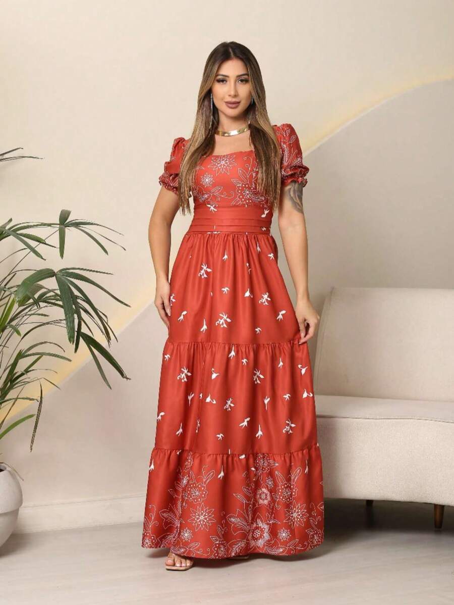 Vestido Elegante Longo Feminino Estampado com Manga Curta