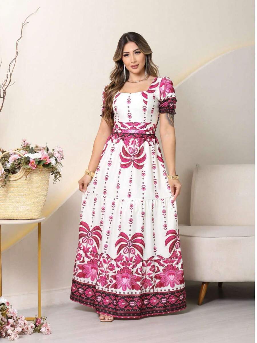 Vestido Elegante Longo Feminino Estampado com Manga Curta