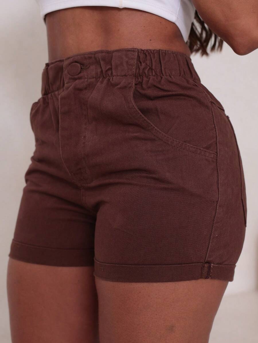 Shorts Jeans Cintura Alta com Elástico e Barra Dobrada