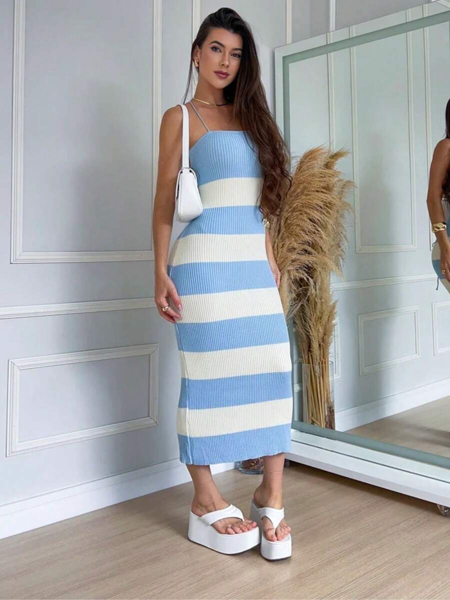 Vestido Listrado Feminino Carol com Costas Trançadas