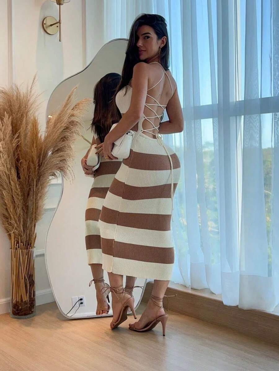 Vestido Listrado Feminino Carol com Costas Trançadas