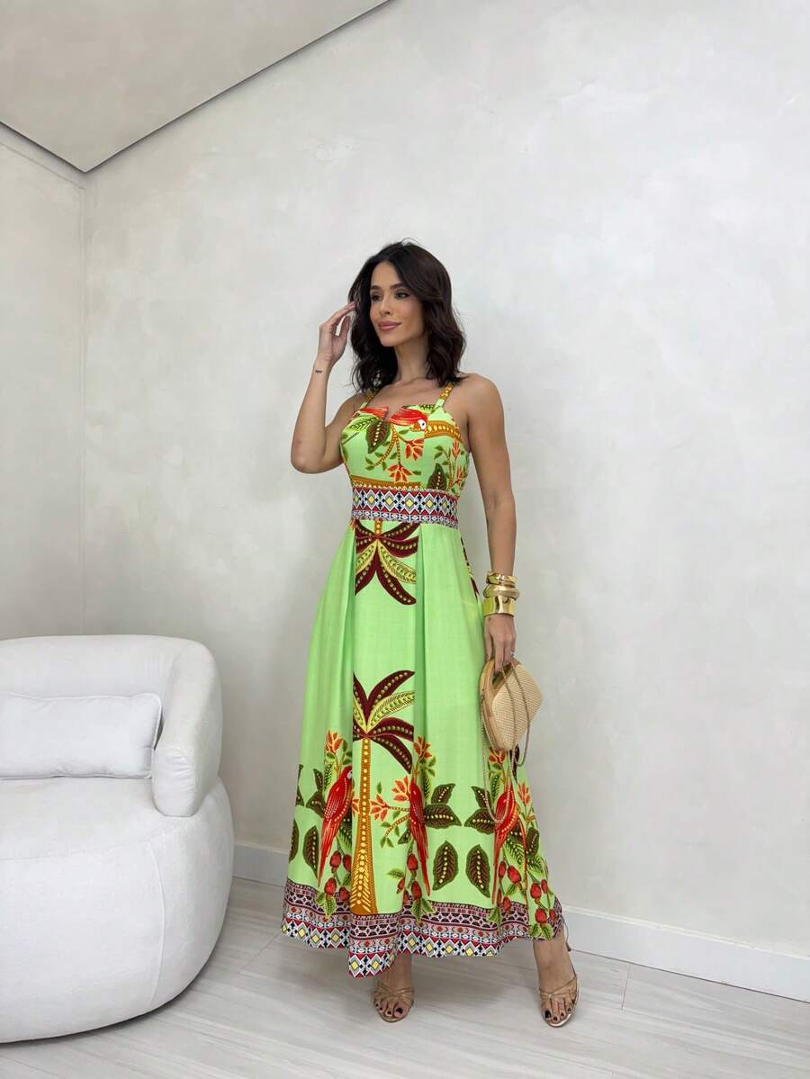 Vestido Longo Estampado com Alças Largas e Detalhes Étnicos Elegantes