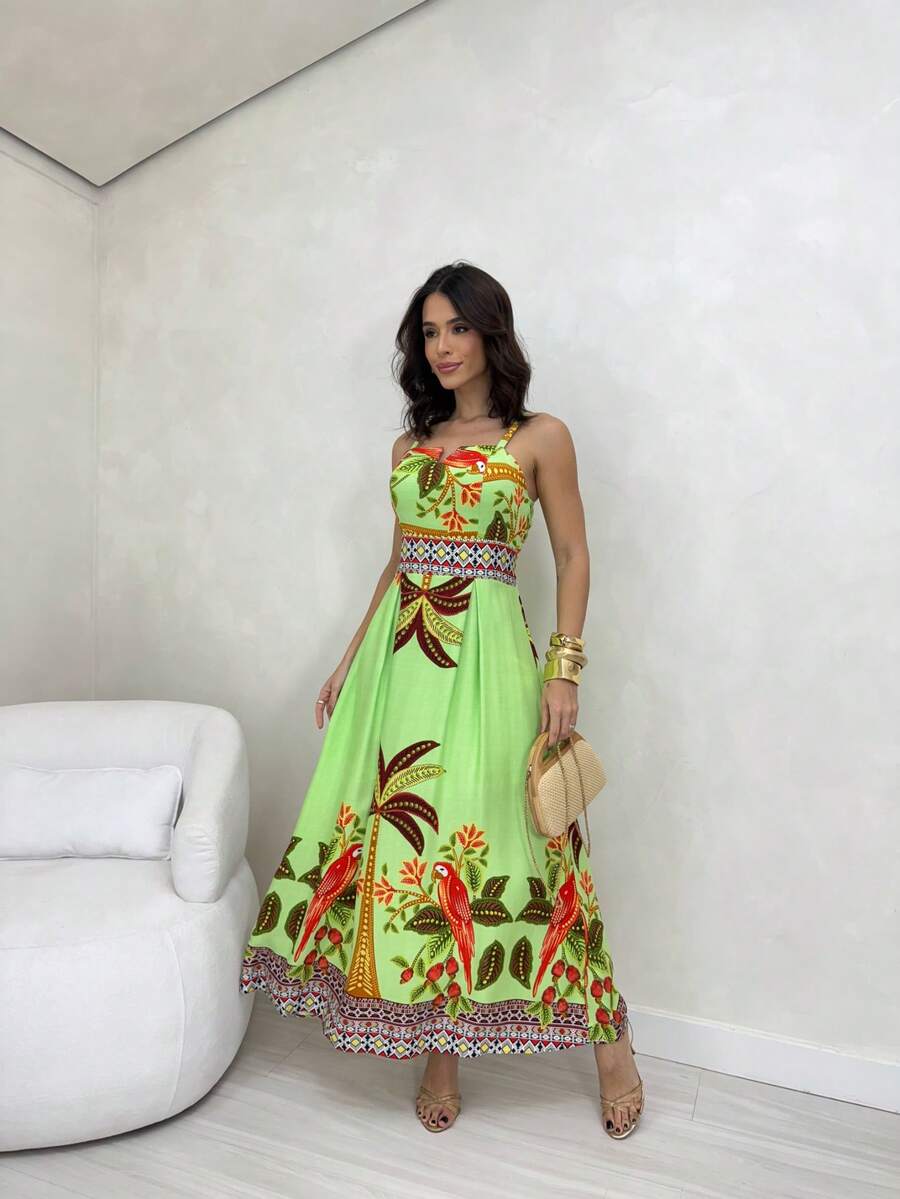 Vestido Longo Estampado com Alças Largas e Detalhes Étnicos Elegantes