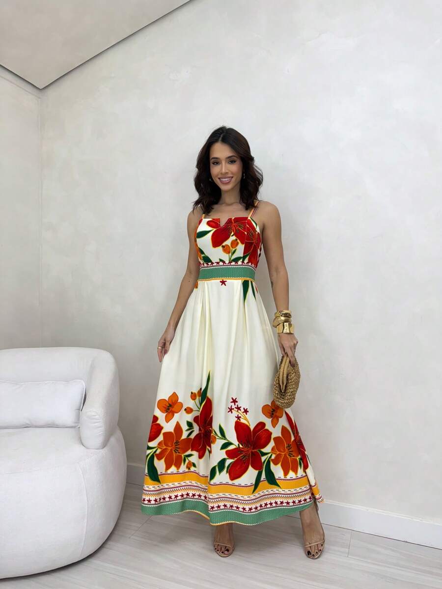 Vestido Longo Estampado com Alças Largas e Detalhes Étnicos Elegantes