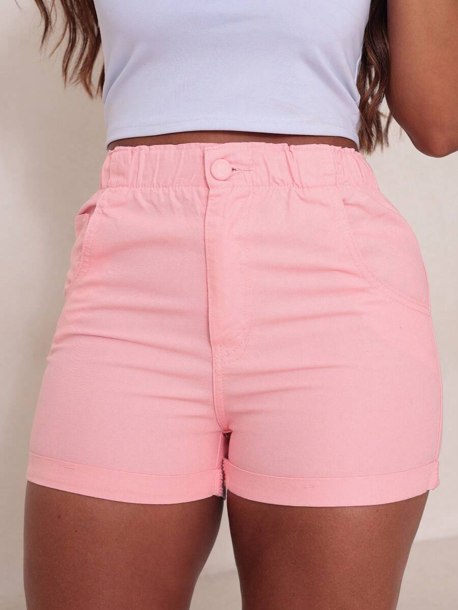 Shorts Jeans Cintura Alta com Elástico e Barra Dobrada