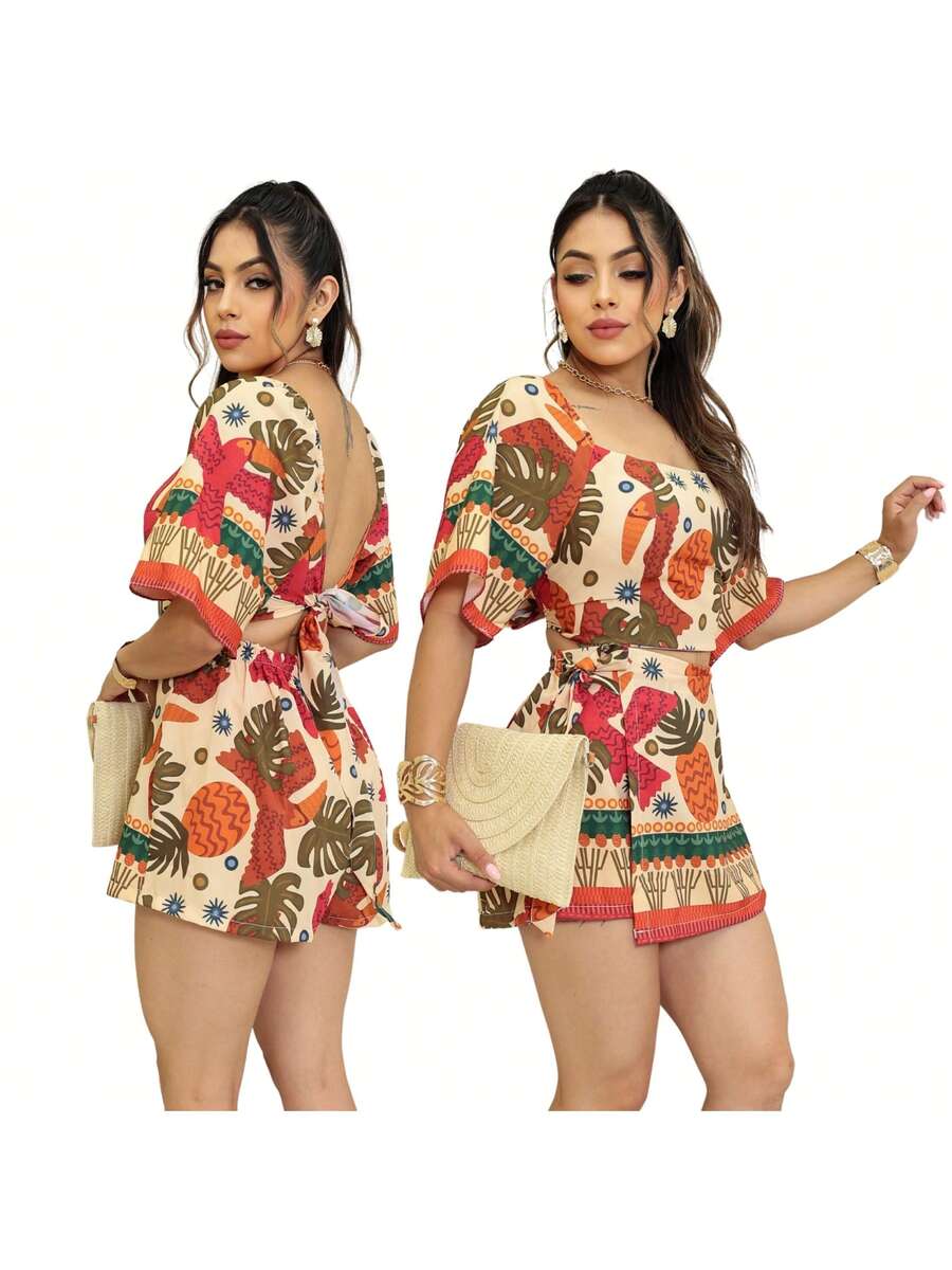 Conjunto Moda Gringa Estampado Floral Tropical – Cropped com Amarração + Short Saia