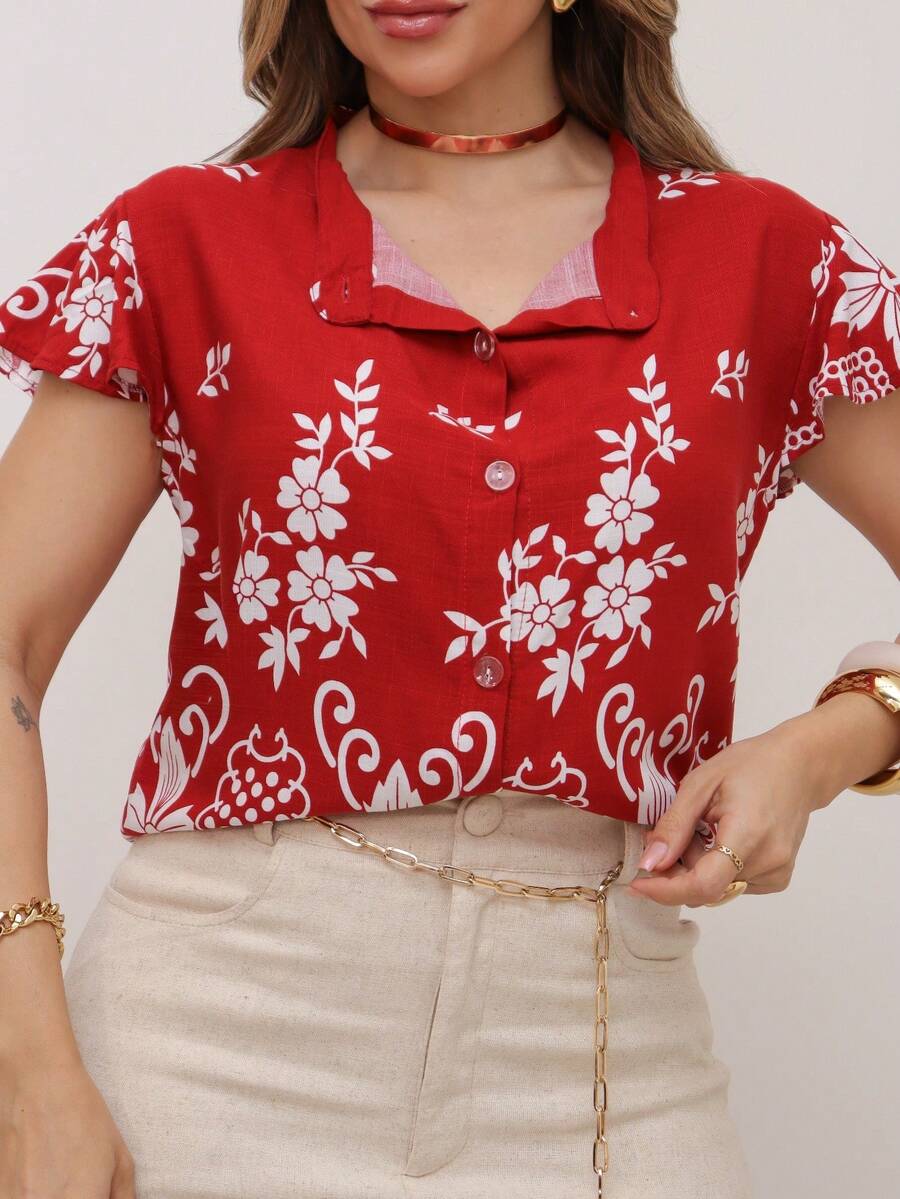 Blusa Casual Feminina com Manga Curta e Estampa Floral