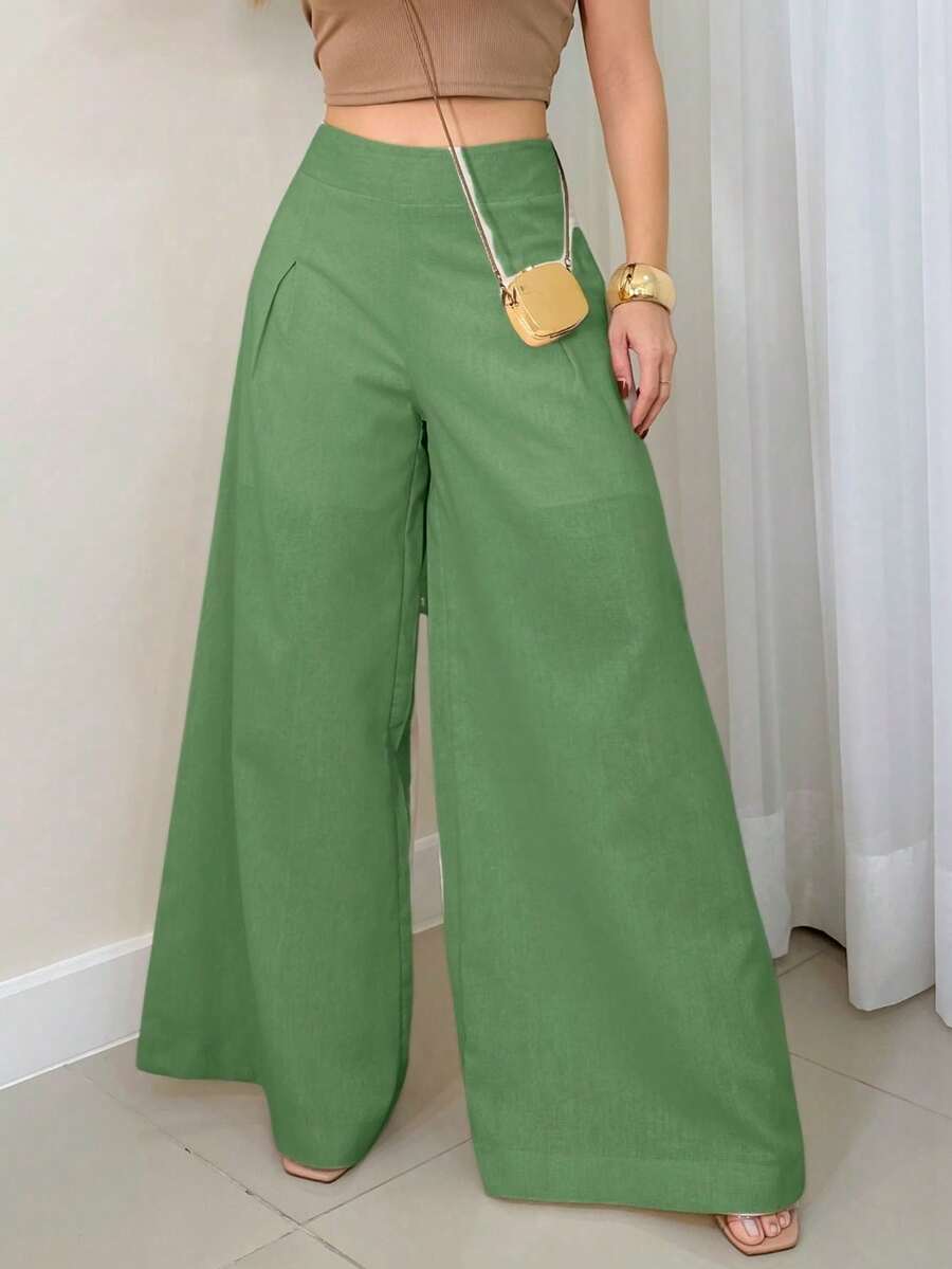 Calça Pantalona de Cambraia Feminina com Zíper nas Laterais e Forro Curto