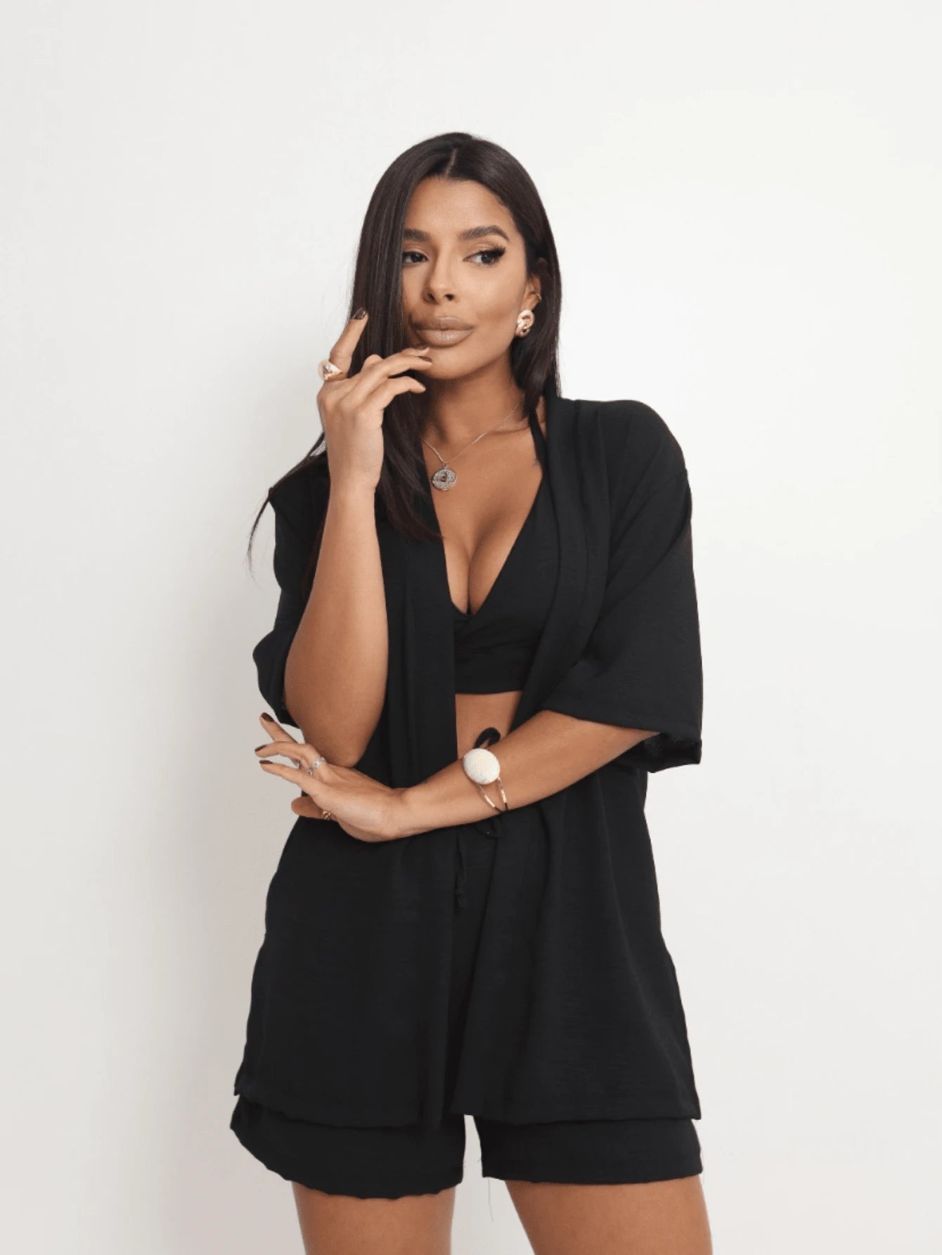 Conjunto Trio Verão Feminino Top, Shorts e Kimono