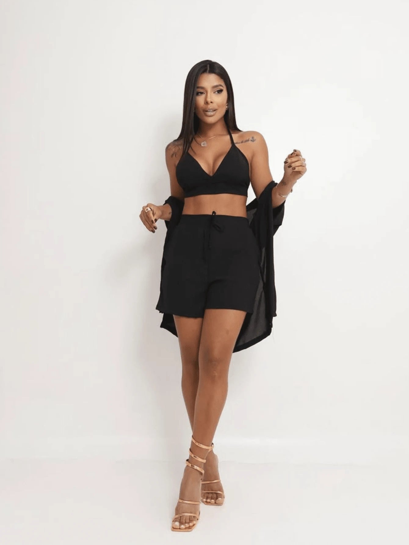 Conjunto Trio Verão Feminino Top, Shorts e Kimono