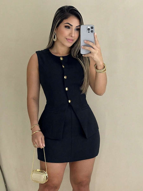 Conjunto Feminino Alfaiataria Elegante Colete e Short Saia