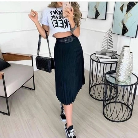 Saia Midi Plissada Feminina