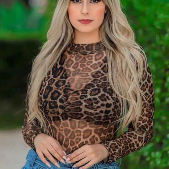 Body Tule Estampa Onça Animal Print Transparente Manga Longa