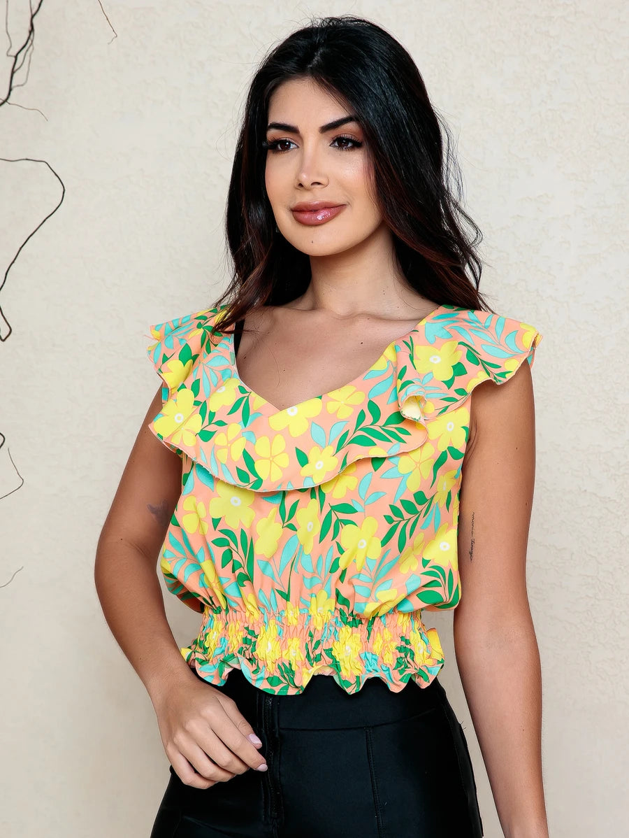 Cropped Feminino Florido com Lastex e Babado