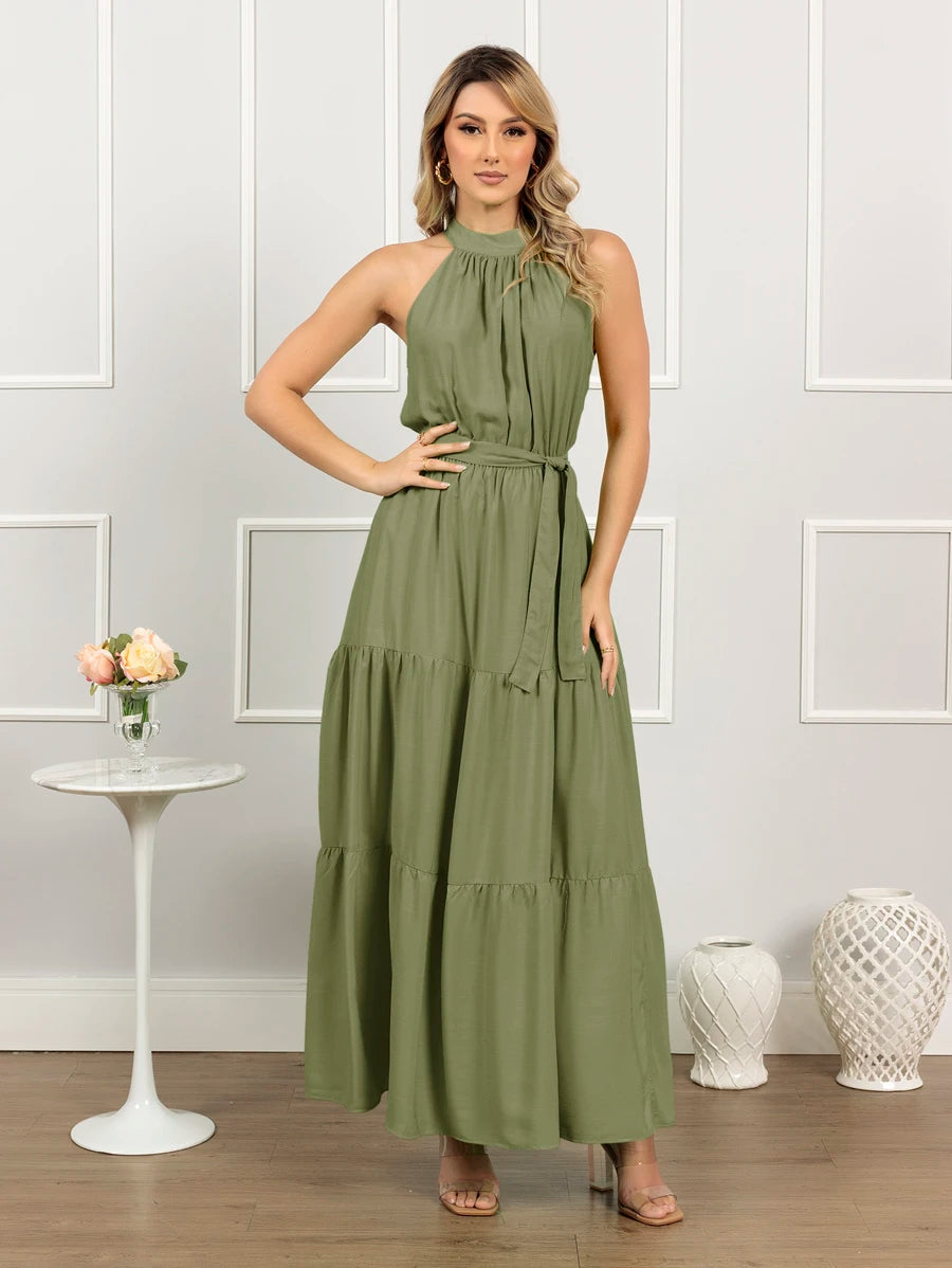 Vestido Longo Feminino Liso Gola Alta Três Marias com Cinto
