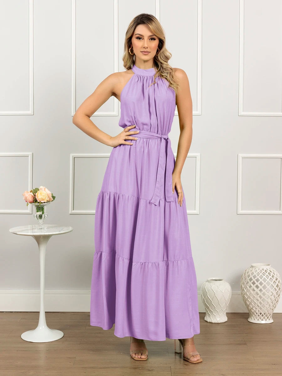 Vestido Longo Feminino Liso Gola Alta Três Marias com Cinto