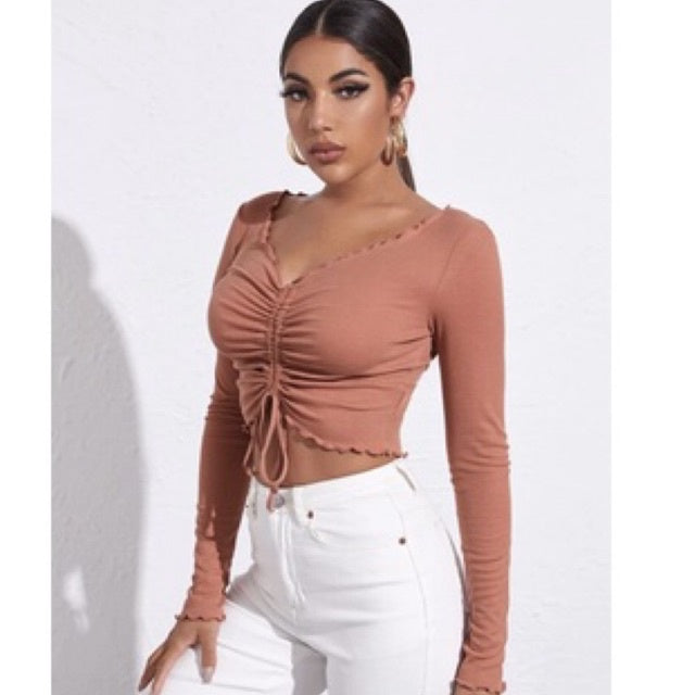 Cropped Feminino Drapeado Gringa Manga Longa