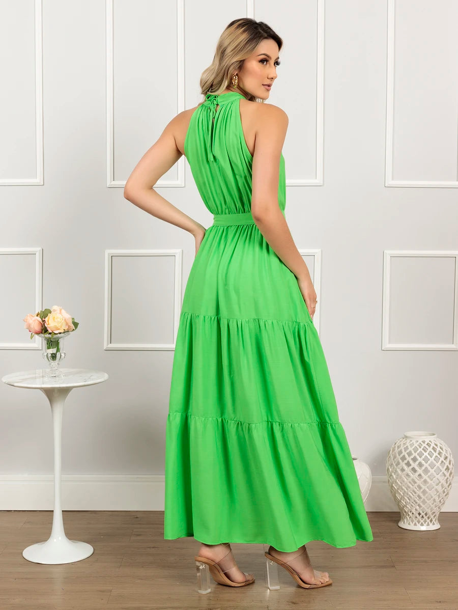 Vestido Longo Feminino Liso Gola Alta Três Marias com Cinto