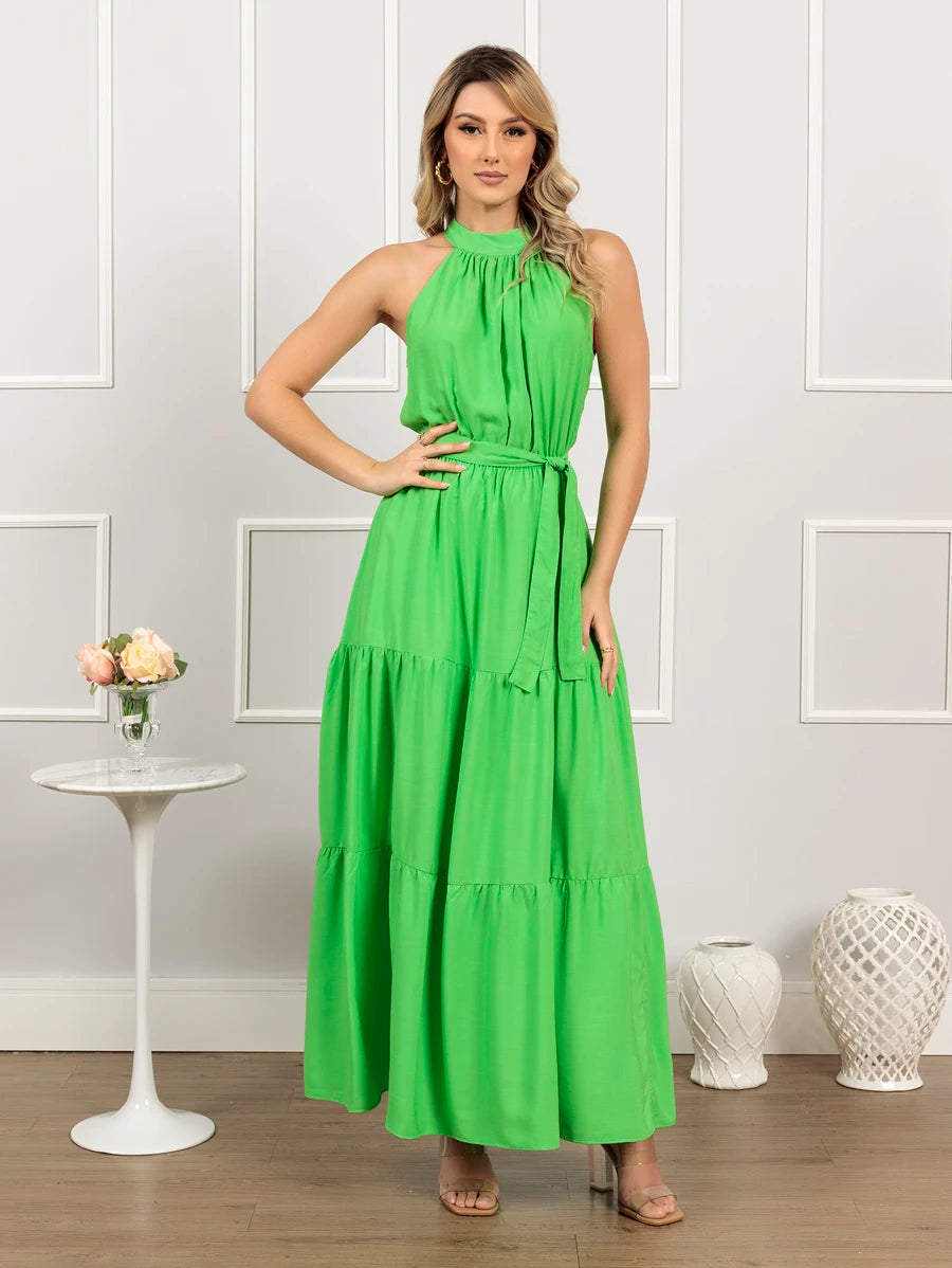 Vestido Longo Feminino Liso Gola Alta Três Marias com Cinto