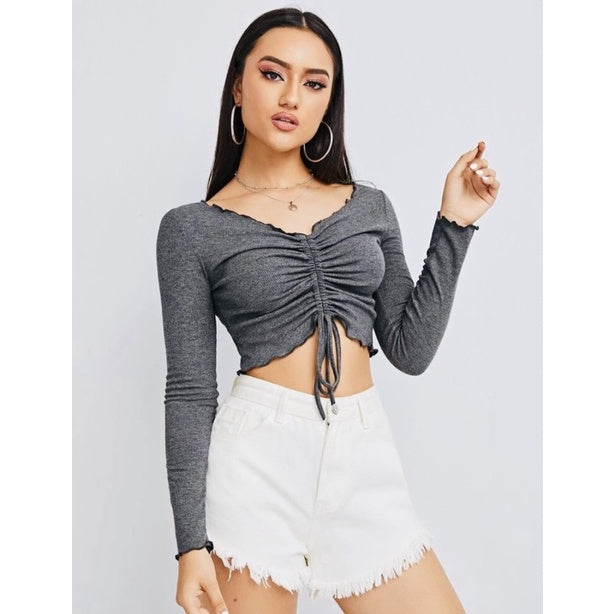 Cropped Feminino Drapeado Gringa Manga Longa