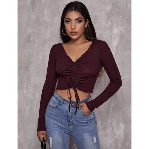 Cropped Feminino Drapeado Gringa Manga Longa