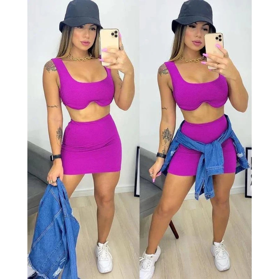 Conjunto Feminino Biker Cropped Com Bojo Saia Curta Malha Canelada Modinha Gringa