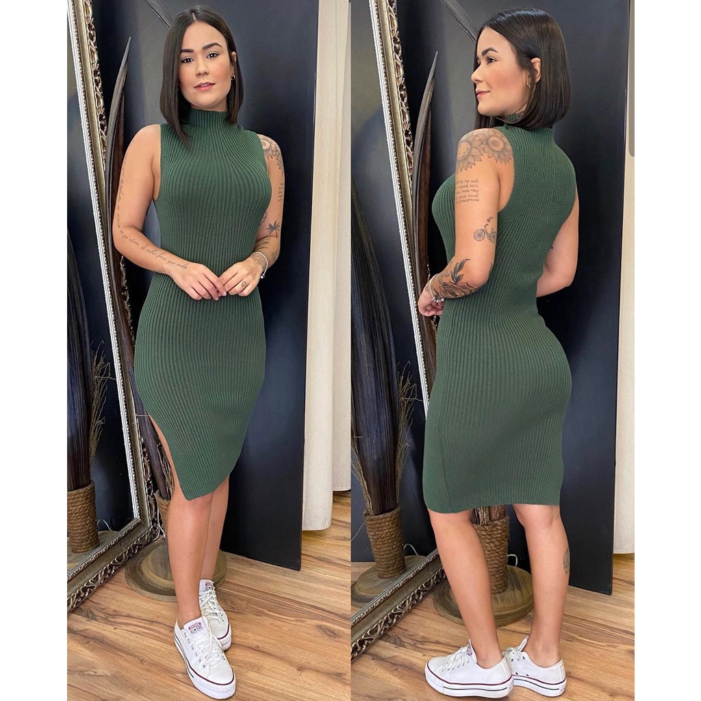 Vestido Feminino Midi Com Fenda Lateral - Malha Canelada