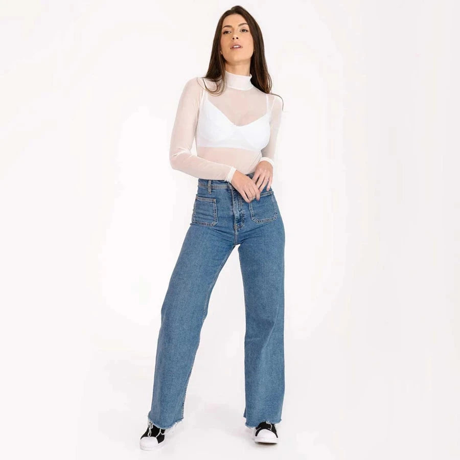 Body de Tule Gola Alta Moda Feminina Manga Longa Transparente Simples Glamour