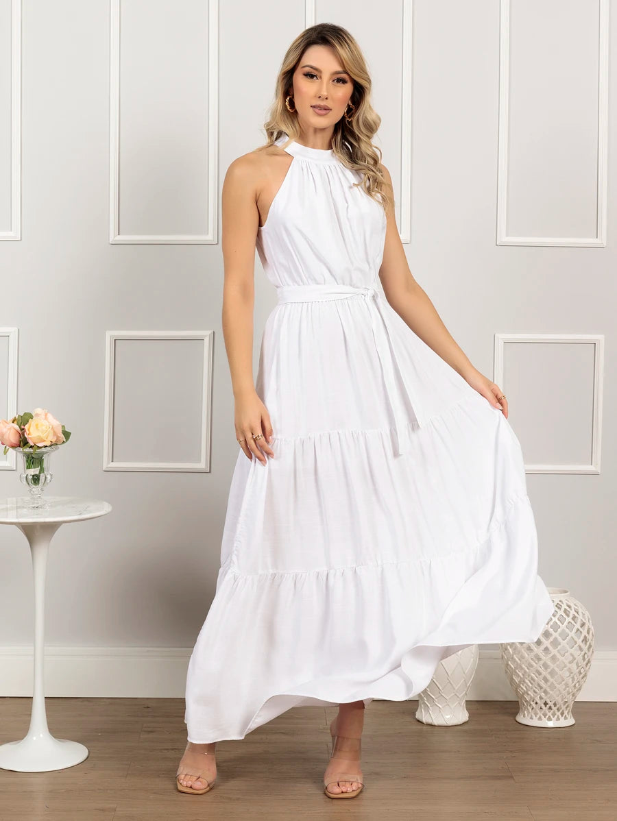 Vestido Longo Feminino Liso Gola Alta Três Marias com Cinto