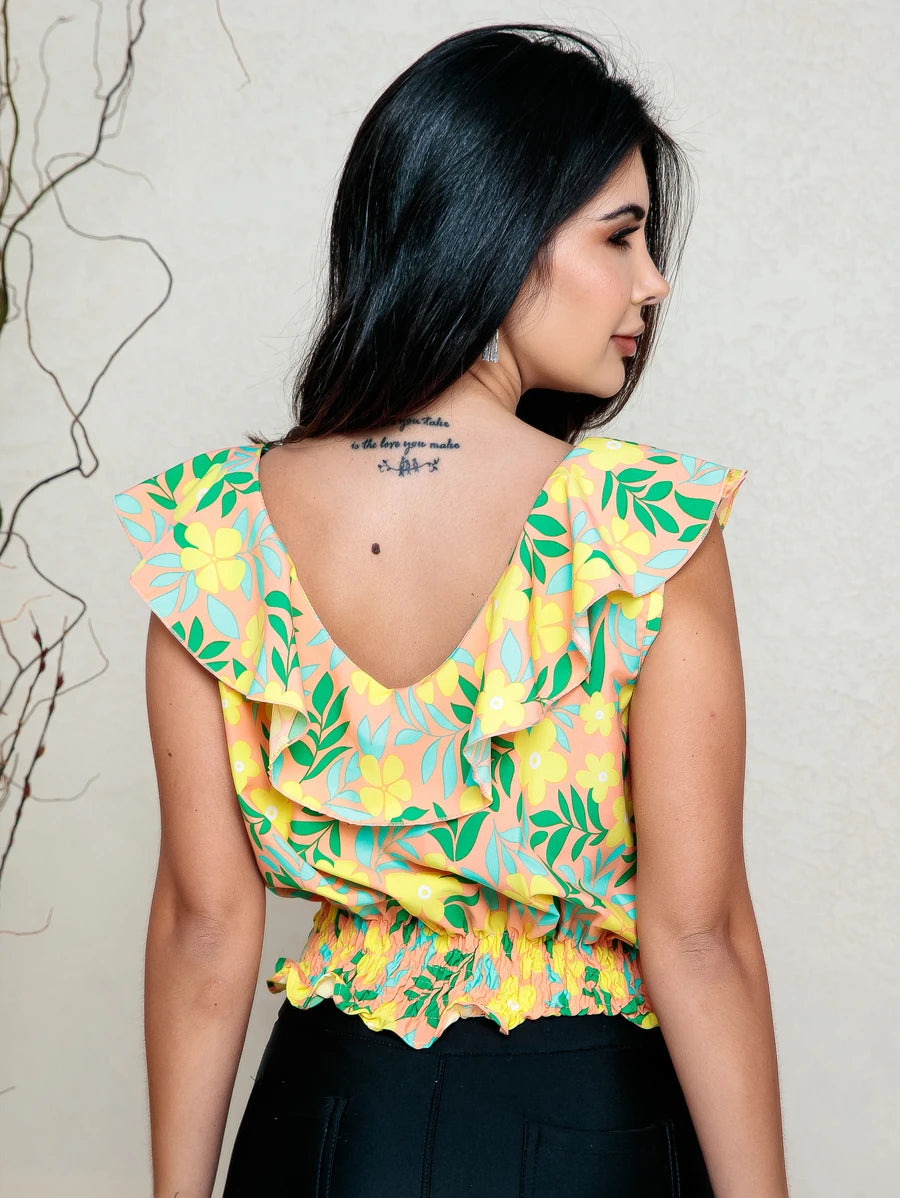 Cropped Feminino Florido com Lastex e Babado