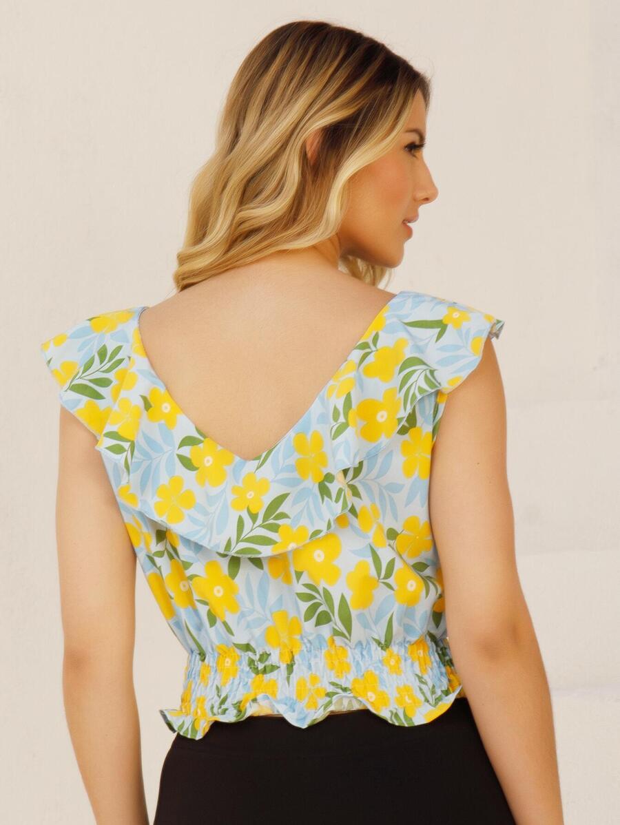 Cropped Feminino Florido com Lastex e Babado