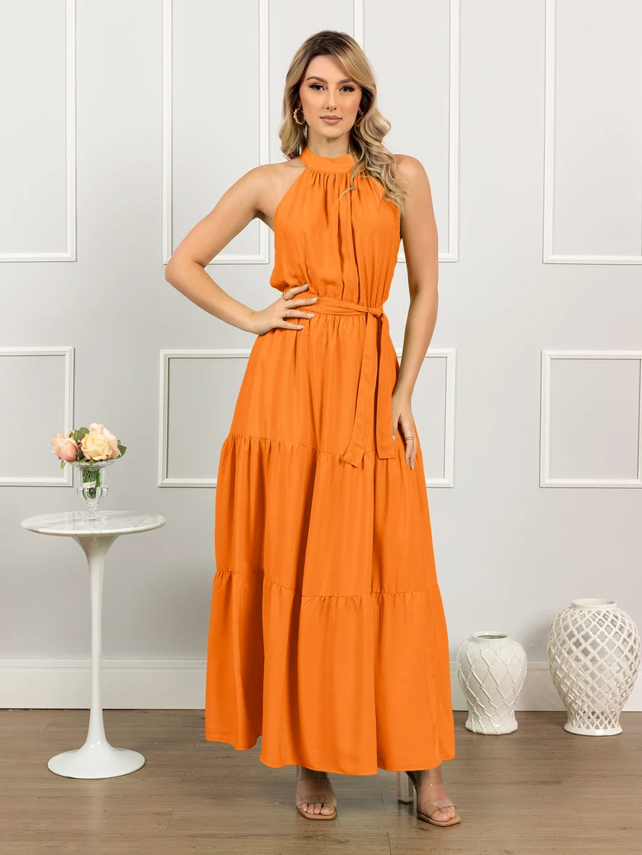 Vestido Longo Feminino Liso Gola Alta Três Marias com Cinto