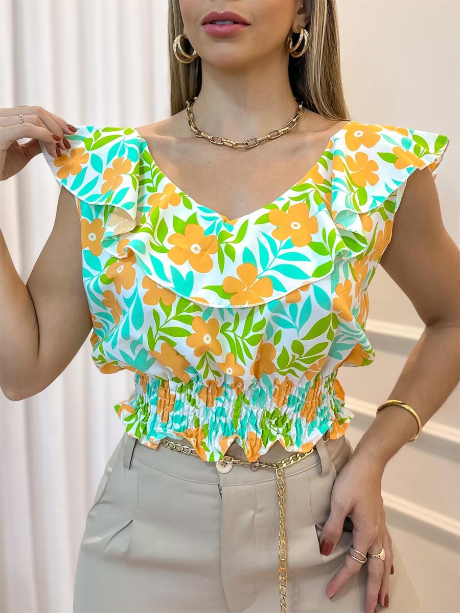 Cropped Feminino Florido com Lastex e Babado