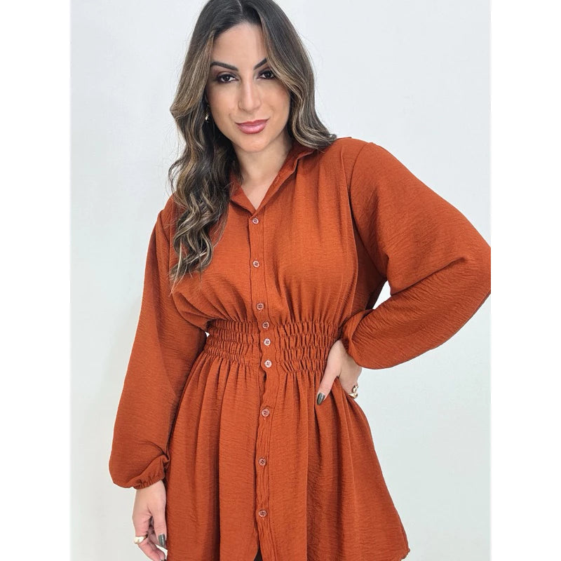Chamise Manga Longa de Botões Lastex na Cintura, Vestido Feminino.
